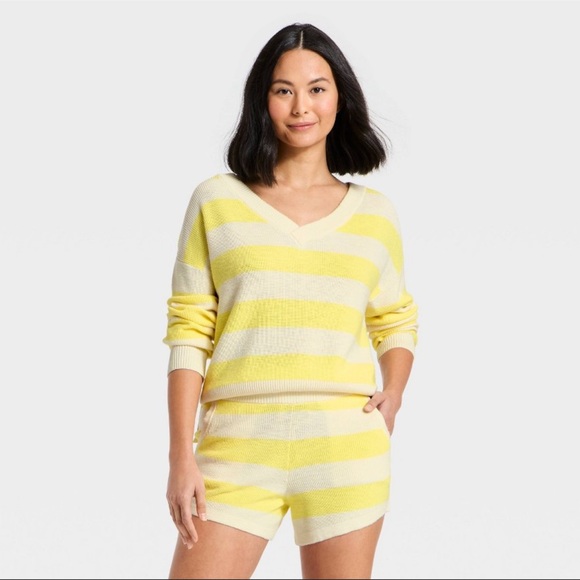 JoyLab Sweaters - Women's Striped V-Neck Sweater Top - JoyLab™ Yellow/Cream Stripe M